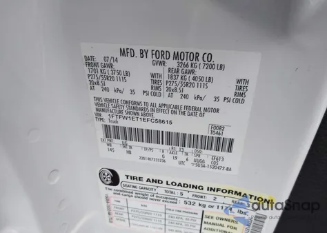 2014 Ford F-150 Lariat z USA, uszkodzony, nr VIN 1FTFW1ET1EFC58615